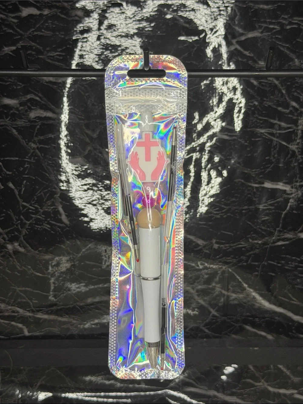 Pink Cross Focal Bead Pen  Black and blue ink